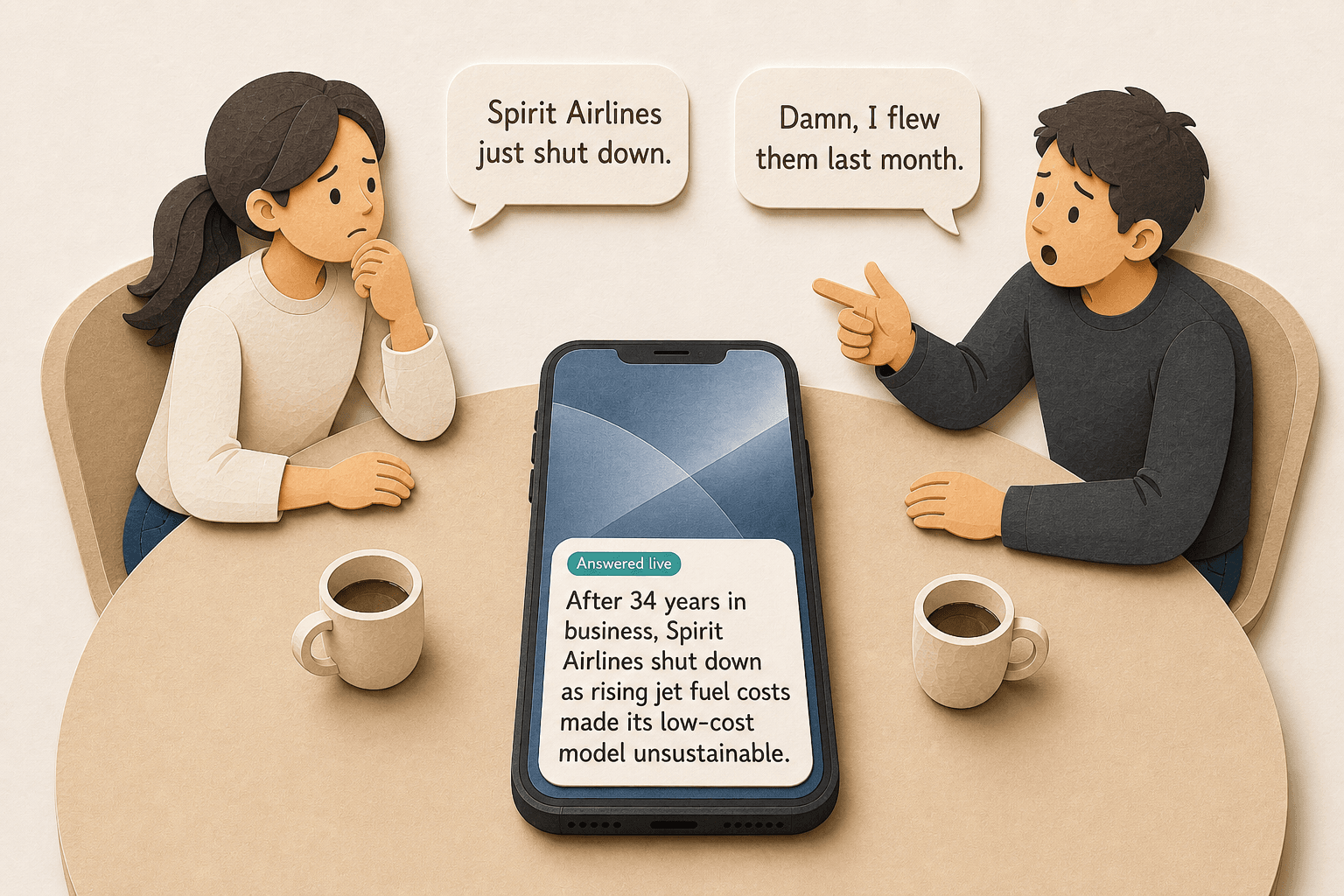 SideThread answering a live conversation question on a phone between two people
