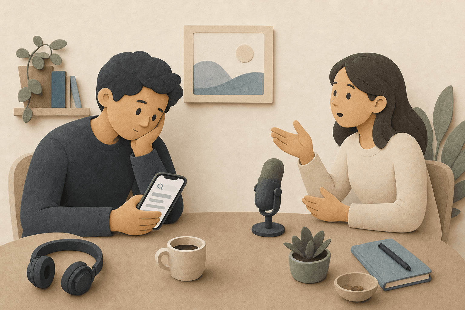 Conversation search break illustration with a phone, search cards, and a paused conversation moment.