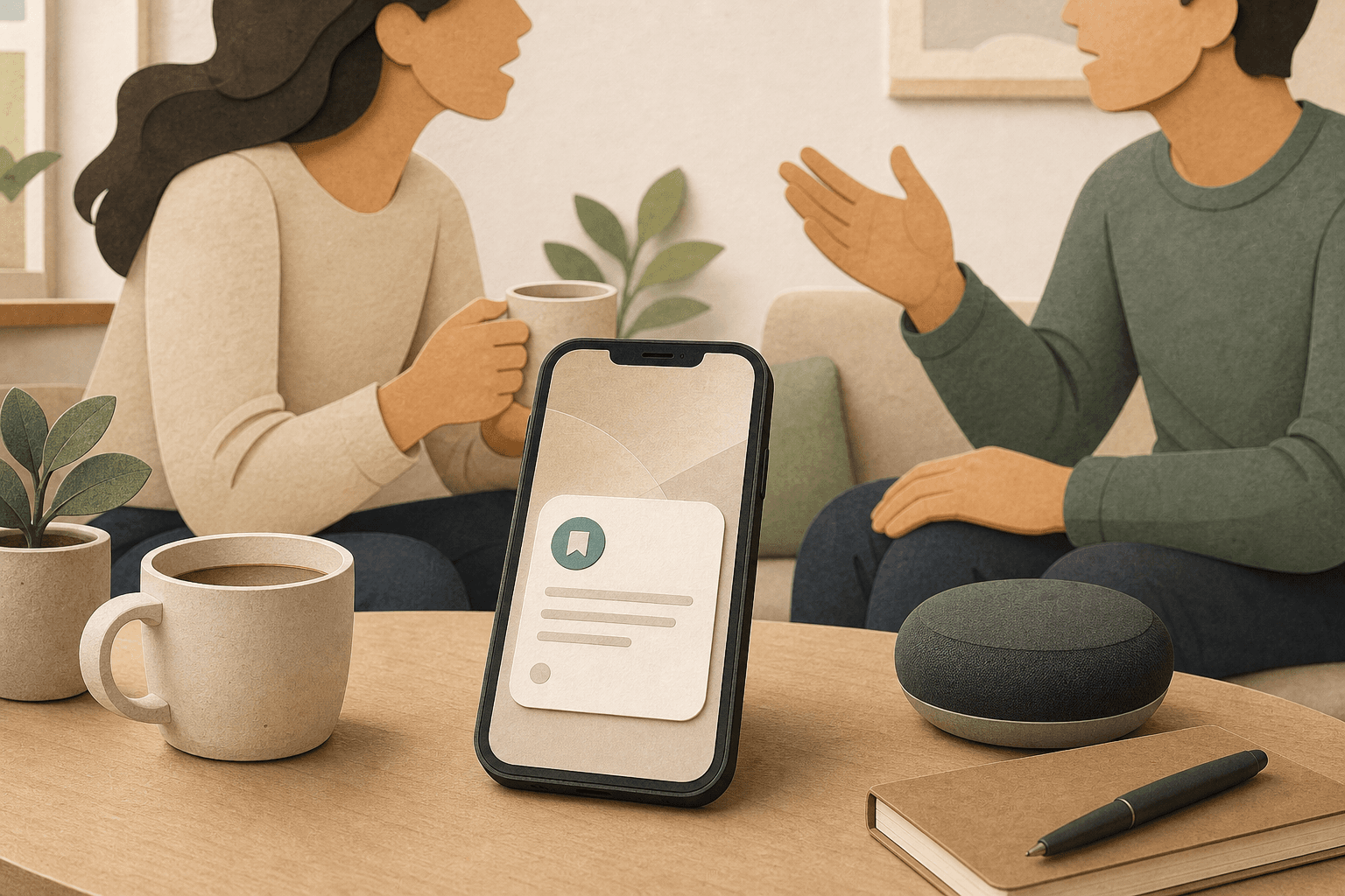 Live curiosity examples showing a phone with small cards for podcast, dinner, lecture, and interview moments.
