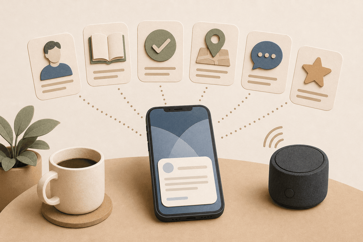 Podcast reference examples with a phone and generic cards for people, places, books, and claims.