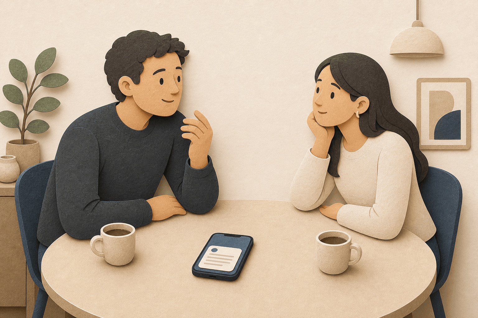No-interruption conversation scene with a phone nearby and small answer cards kept to the side.