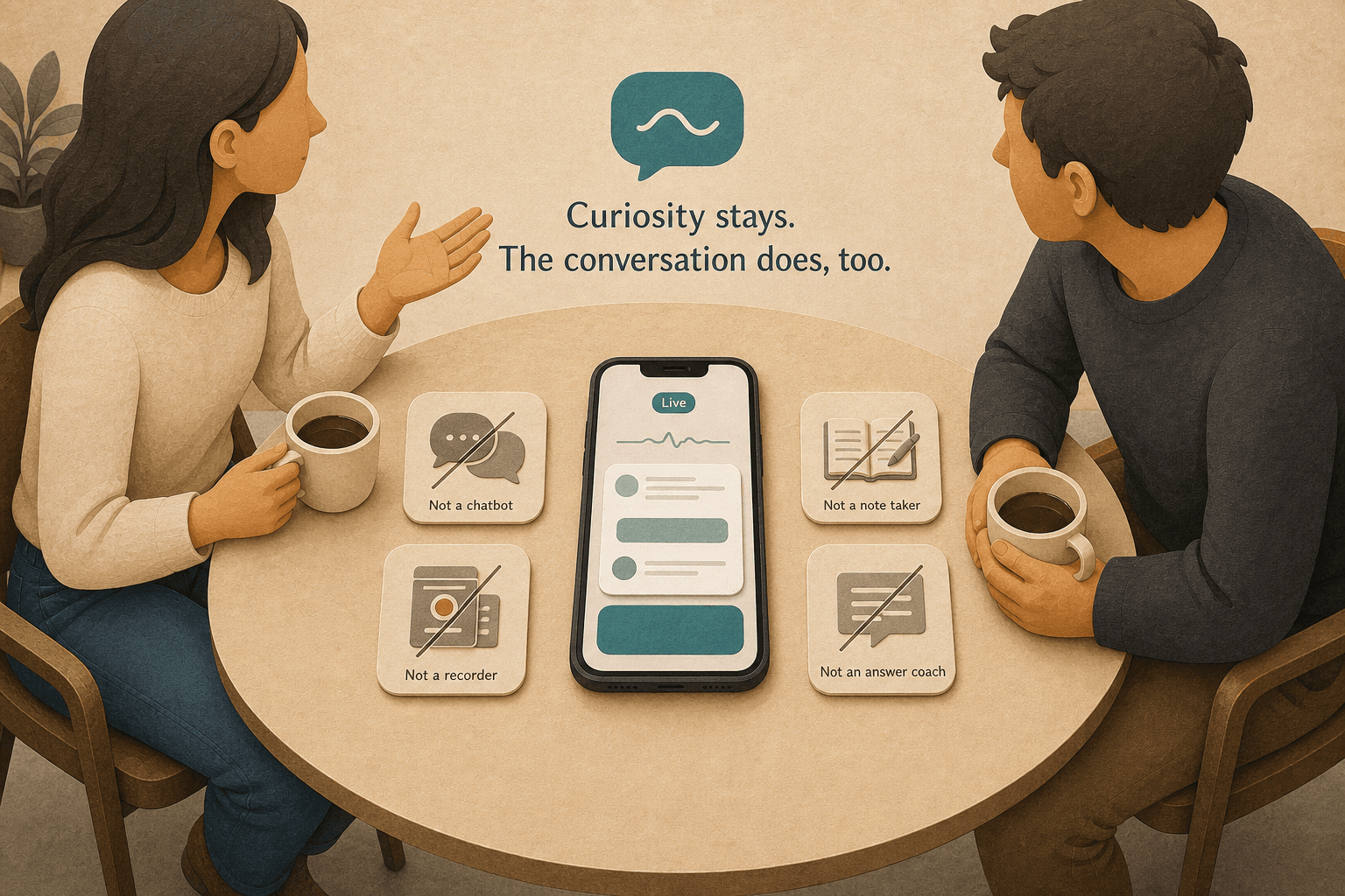 Product boundary illustration with a phone and simple cards for chatbot, recorder, notes, and judgment limits.