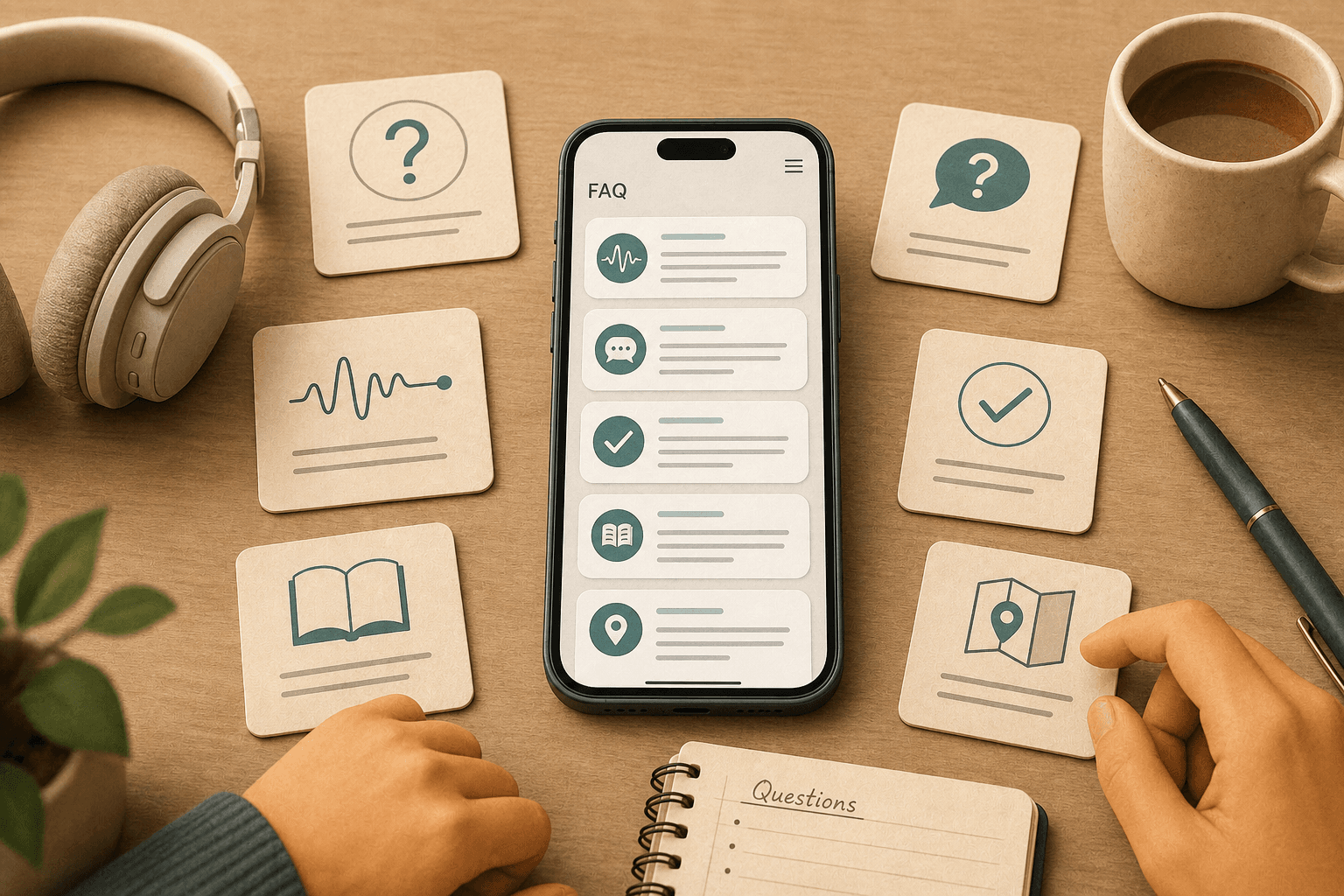 FAQ illustration with a phone and simple question cards about using SideThread.