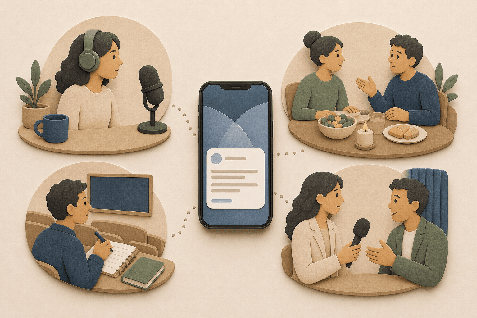 First SideThread session illustration with a phone connected to podcast, dinner, lecture, and interview scenes.