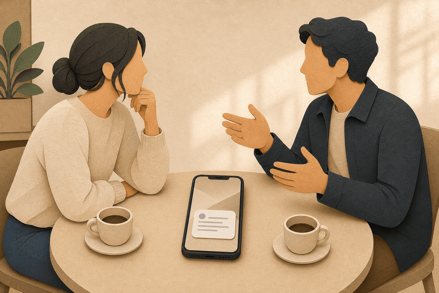 Live conversation assistant scene with a phone near people talking and small context cards.