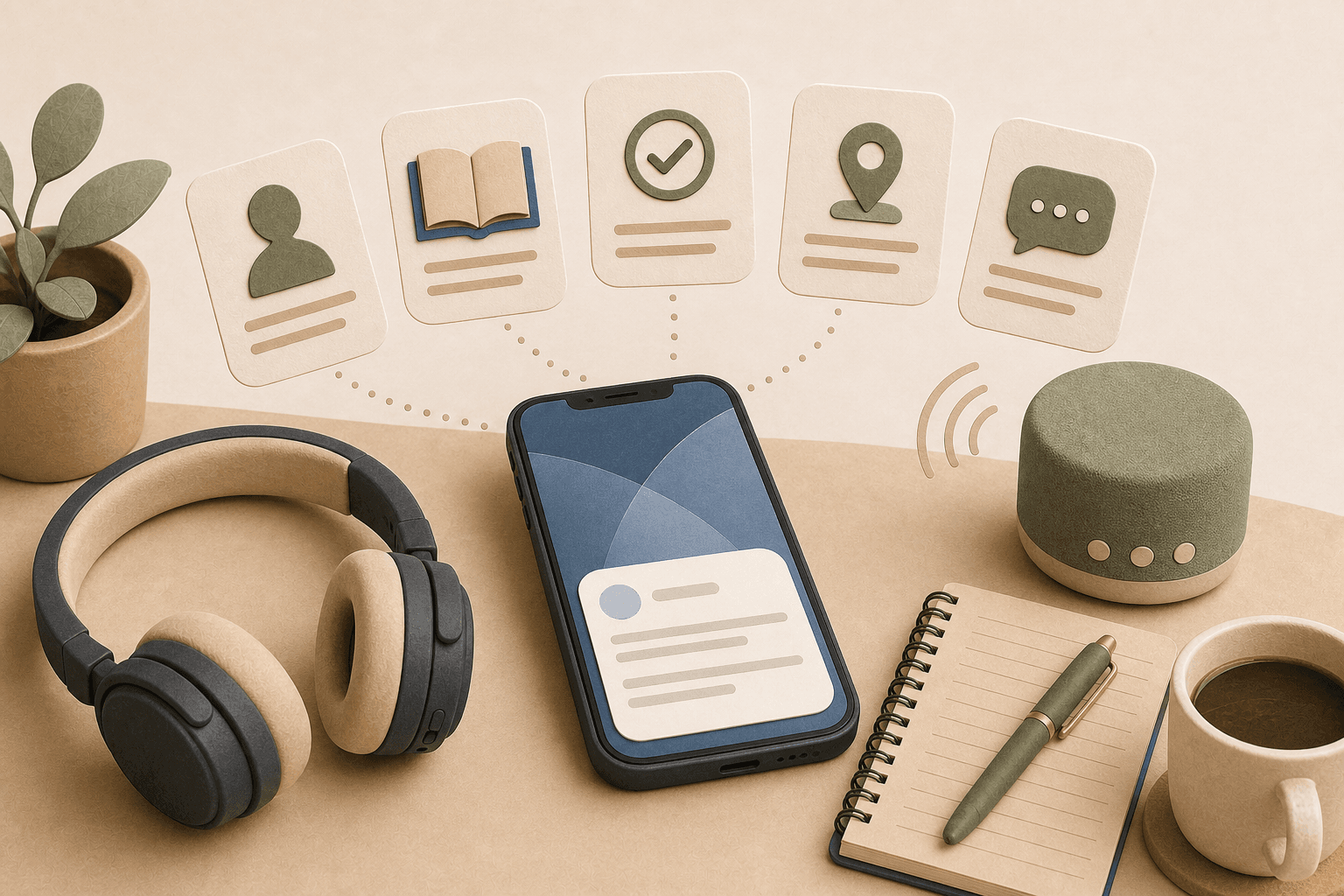 Podcast listening setup with a phone, speaker, headphones, and small reference cards.