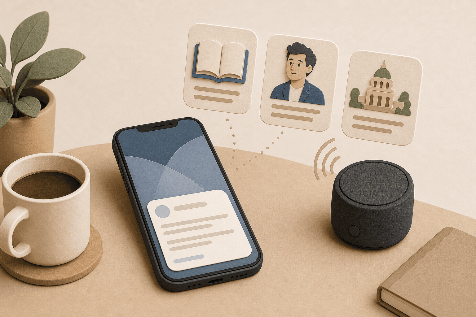 Podcast reference lookup scene with a phone, speaker, and simple reference cards.